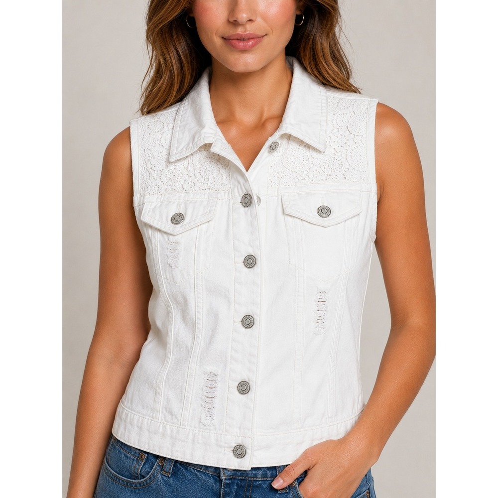 Mudd Crochet Bohemian Festival Denim Vest Bikercore Distressed Cotton Size S